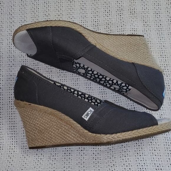 Toms Sz. 10 Black Twine Espadrilles Wedge Open Toed Shoes - Picture 2 of 9
